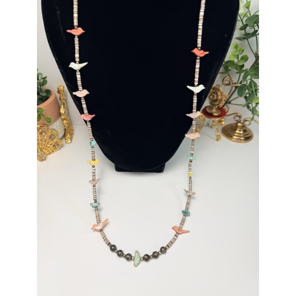 Vintage Native American Bird Fetish Heishi Sterling Silver Beaded Long Necklace
